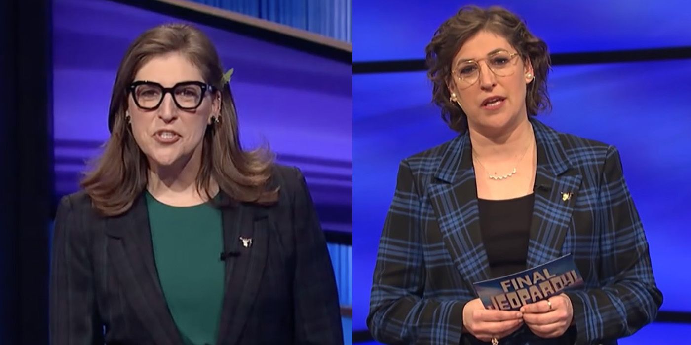 Imagem dividida de Mayim Bialik apresentando Jeopardy!, um com cabelo comprido e outro com cabelo curto.