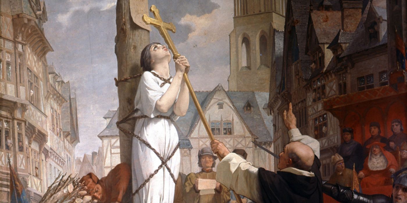 Artwork of Joan of Arc shortly before she was burnt alive.