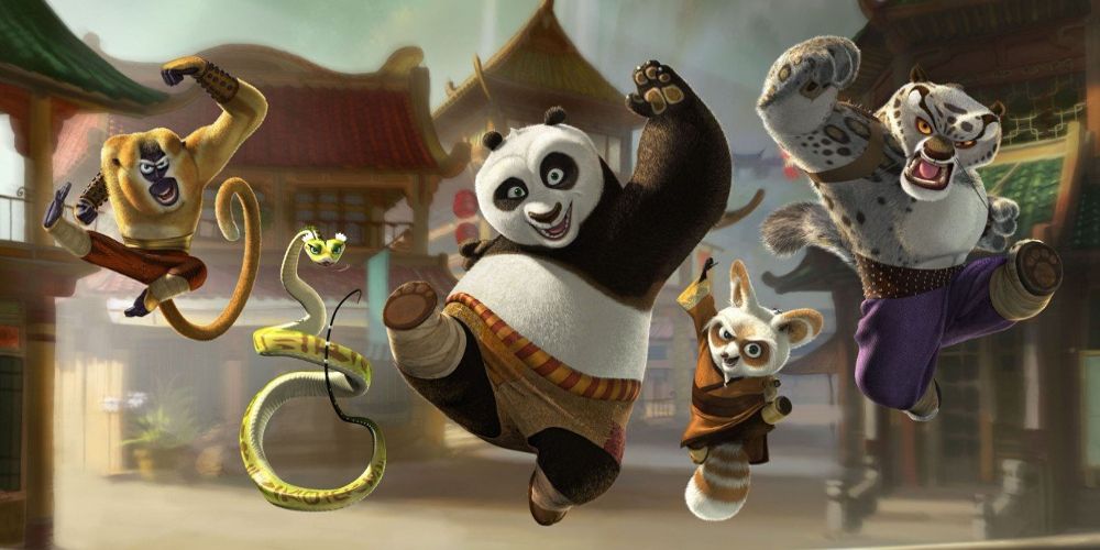 Po and his pals leap in the air in Kung Fu Panda