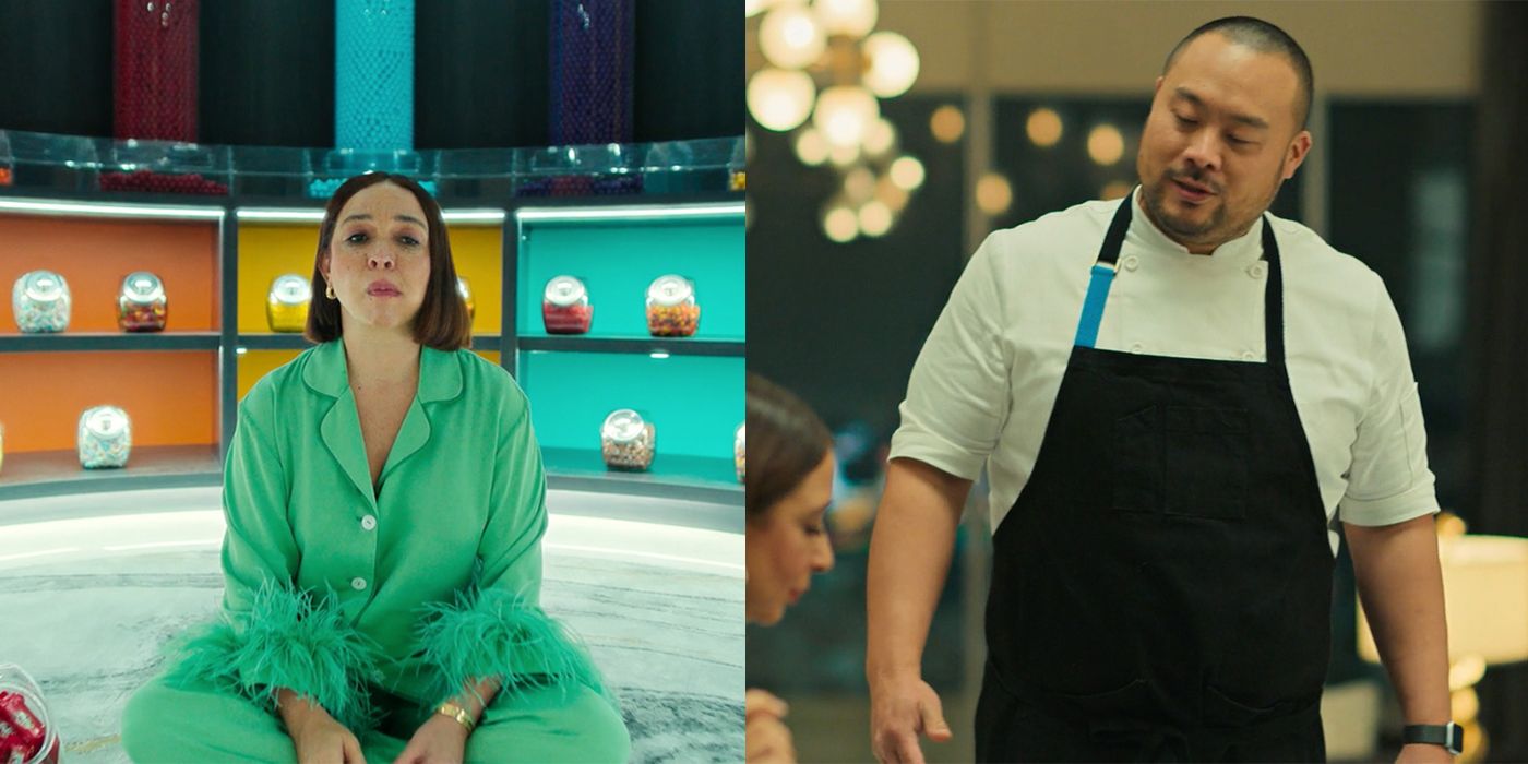 Split image of Molly in her candy room and celebrity chef David Chang on Loot.