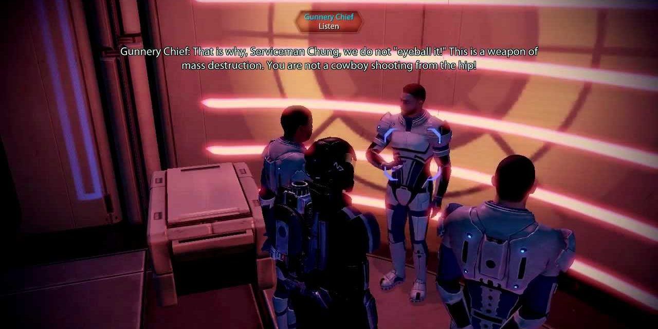 Shepard listens to a gunnery sergeant give a speech about Isaac Newton in Mass Effect 2