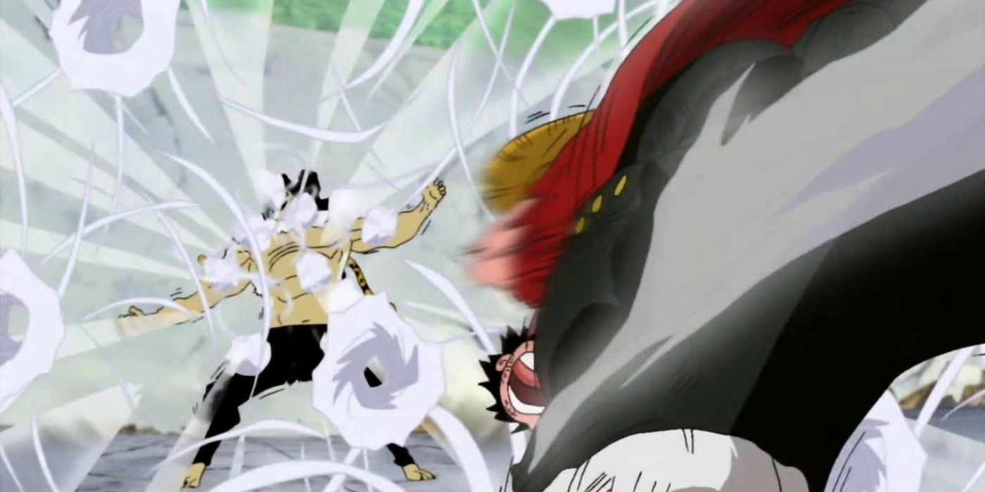 Luffy using Gum-Gum Jet Gatling against Rob Lucci in One Piece.