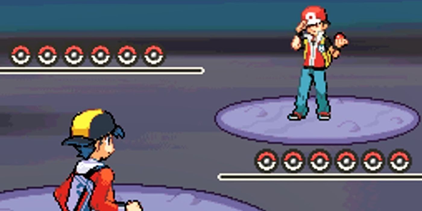 Pokemon trainer Ethan vs Pokemon trainer Red in Pokemon SoulSilver.