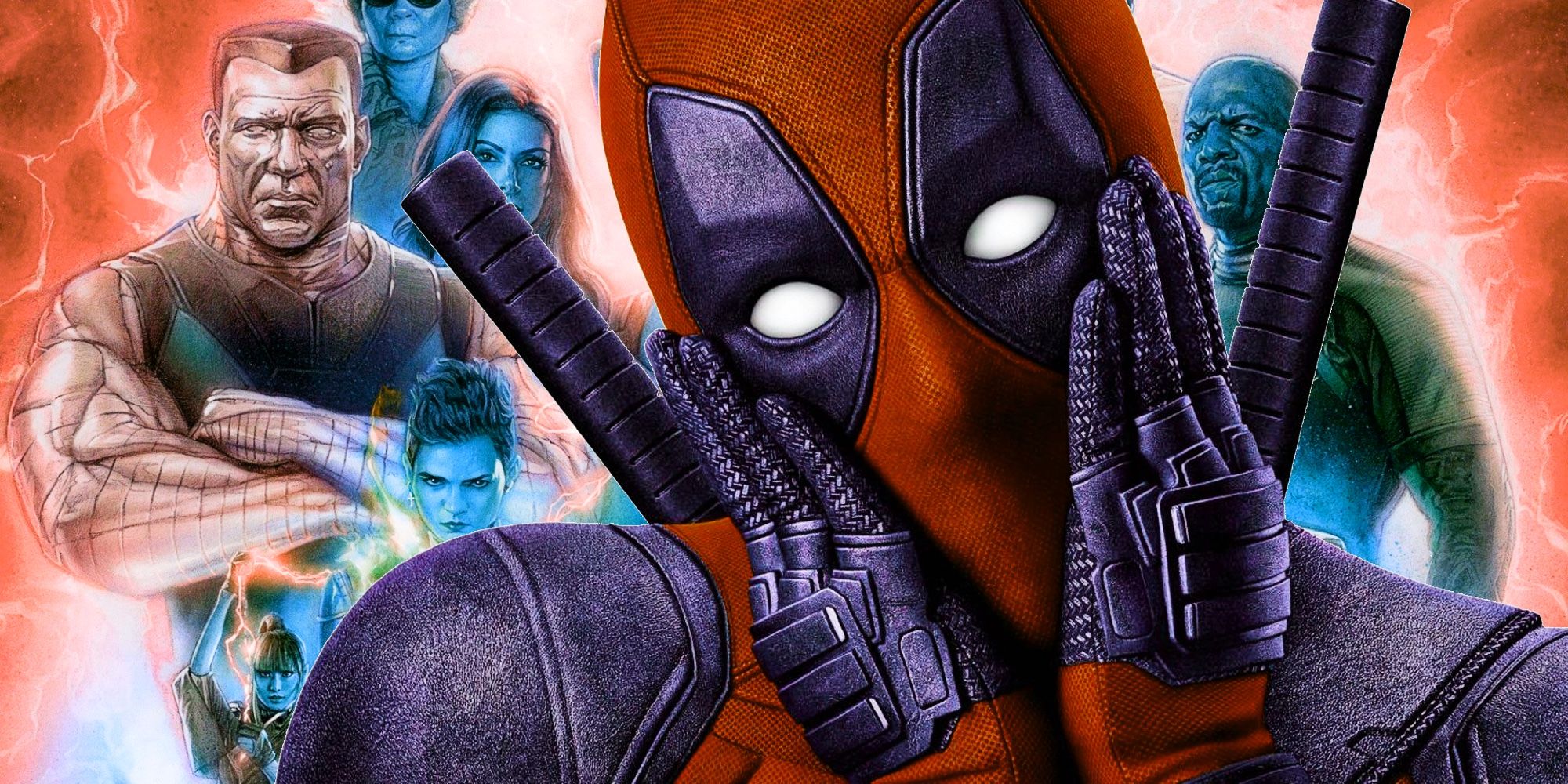deadpool acting shocked and an illustrated x-force background