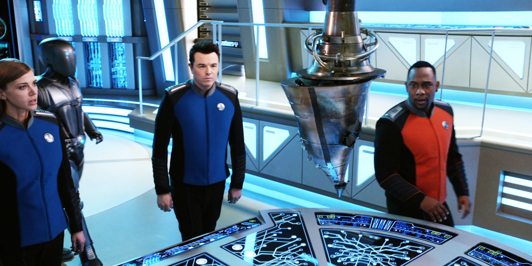 The crew of the Orville survey the damaged Aramov device in The Orville Season 3 Episode 6