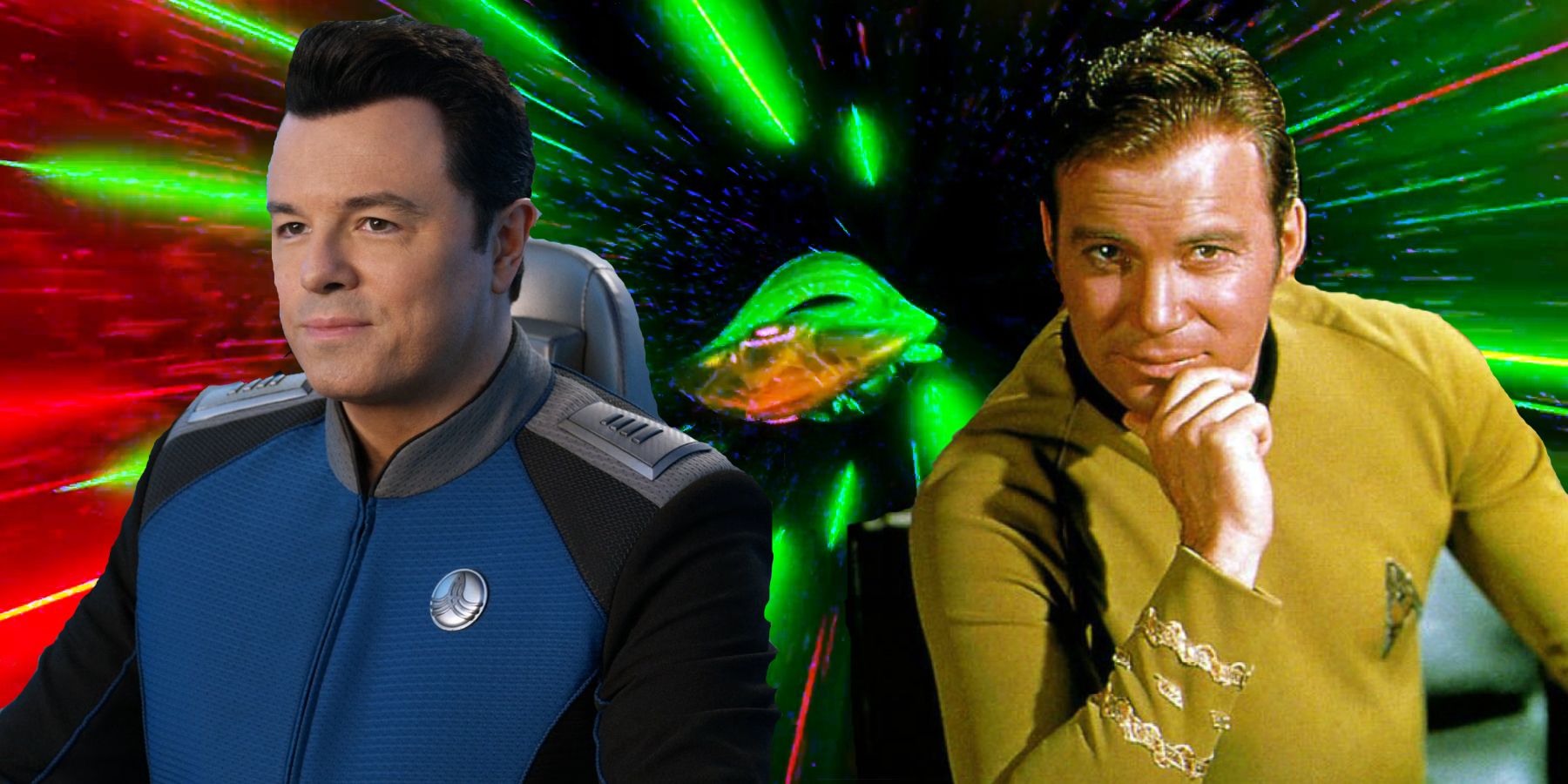 Seth MacFarlane as Captain Ed Mercer in The Orville and William Shatner as Captain Kirk in Star Trek: The Original Series