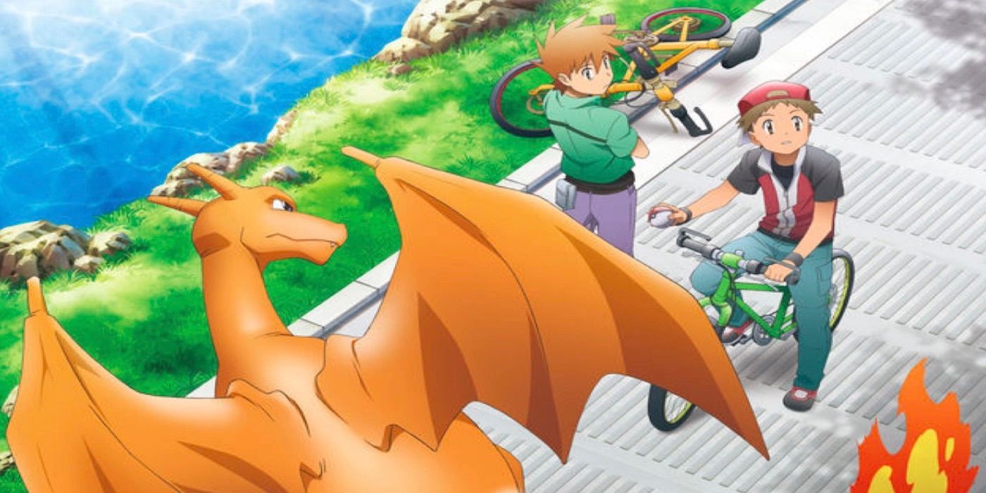Red, Blue, and Charizard in the main promotional image for Pokémon: Origins