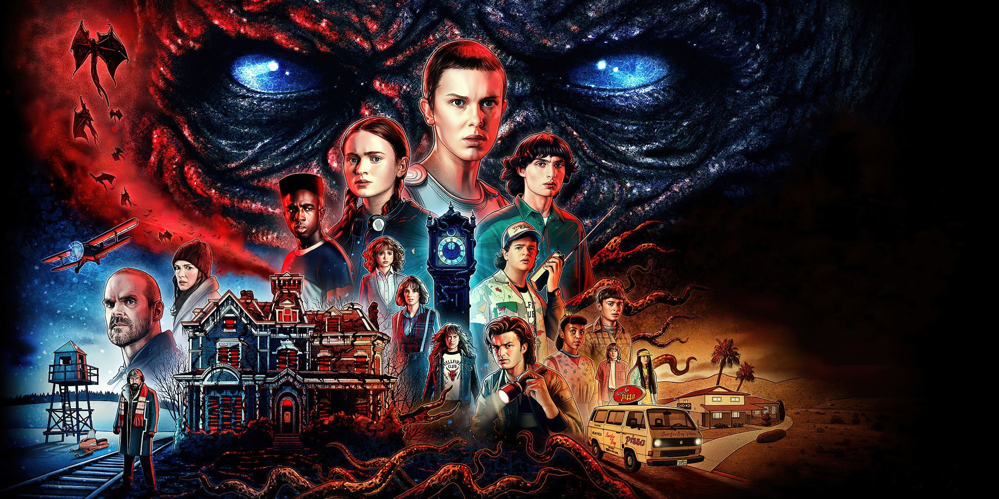 poster of Stranger Things season 4 featuring the cast including Millie Bobby Brown and others
