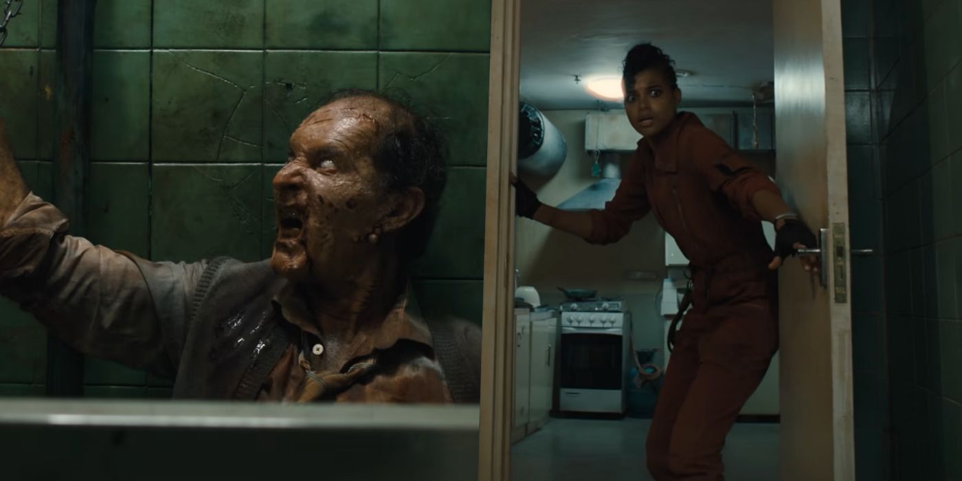 Resident Evil's Ella Balinska as Jade Wesker, enters a bathroom with a zombie in it.
