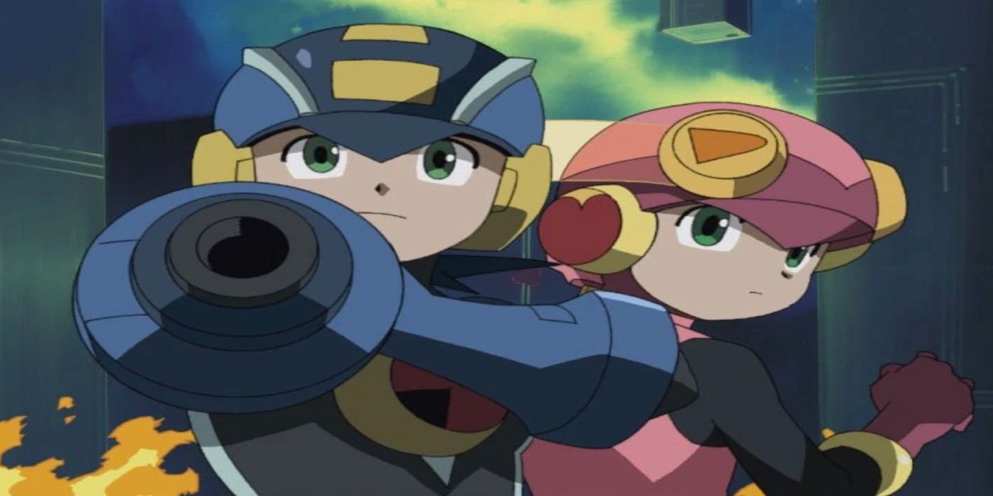 A promotional still image of MegaMan and Roll from the Rockman EXE anime (also known as MegaMan NT Warrior)