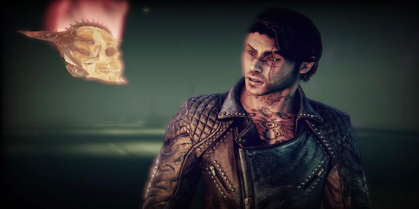 Demon hunter Garcia Hotspur talking to his sidekick named Johnson towards the beginning of the game Shadows of the Damned