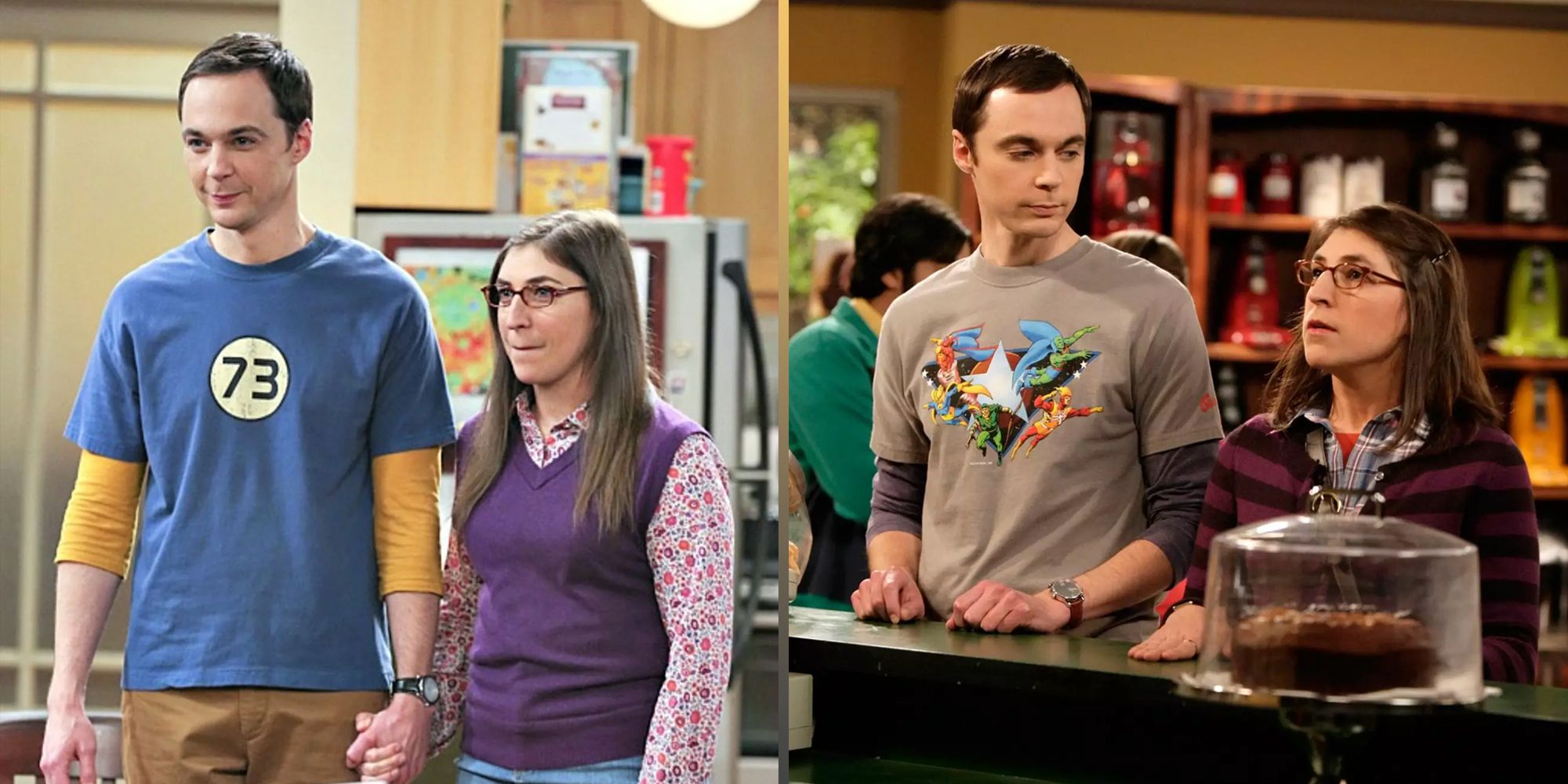 Sheldon and Amy holding hands and in the cafe.