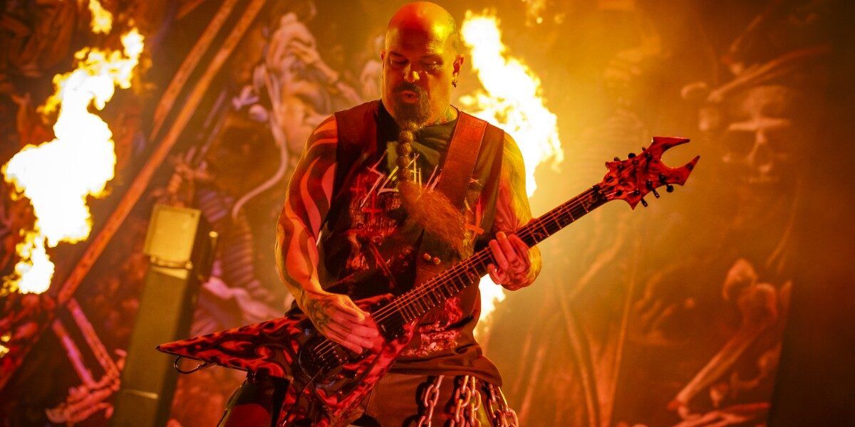 Kerry King shreds a guitar solo on stage at a Slayer concert