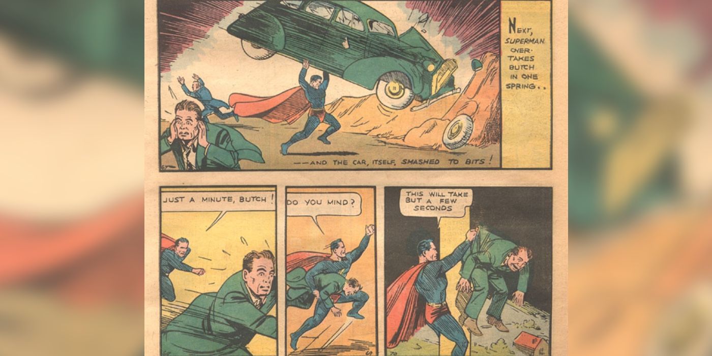 Comic book panels: Superman uses his original powers in Action Comics 1.