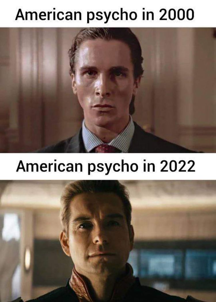 A meme comparing Homelander to Patrick Bateman in American Psycho.