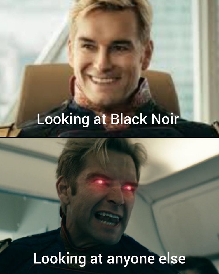 Two images of Homelander from The Bots, one smiling and one with red laser eyes in a meme.