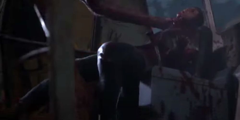 Caleb chokes Dylan in the crane in The Quarry