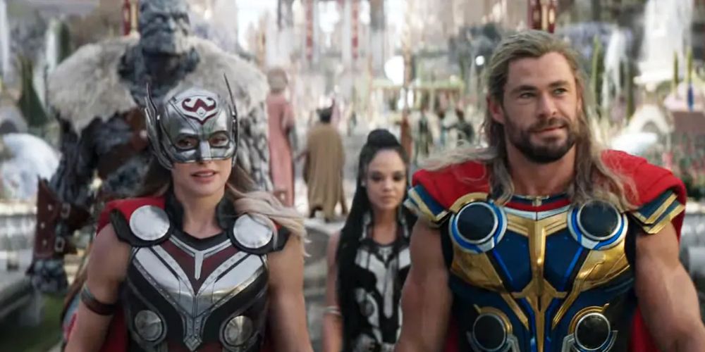 Korg, Valkyrie, Jane, and Thor walk together in Thor: Love And Thunder