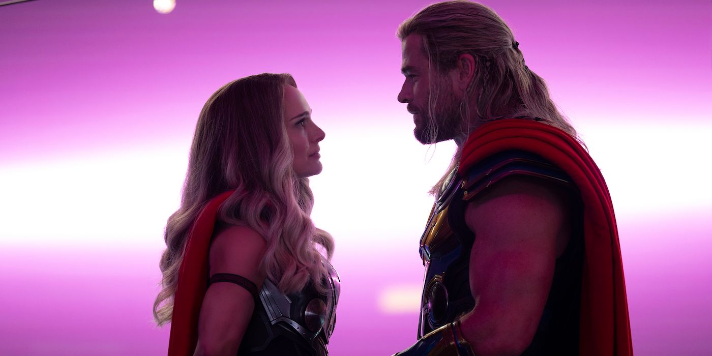 Natalie Portman as Mighty Thor and Chris Hemsworth as Thor