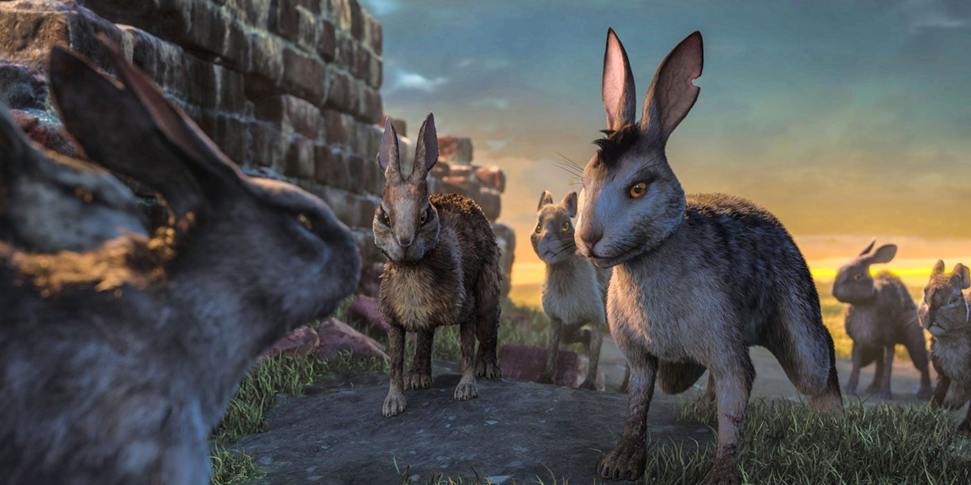 A pack of bunnies in a scene from Watership Down.
