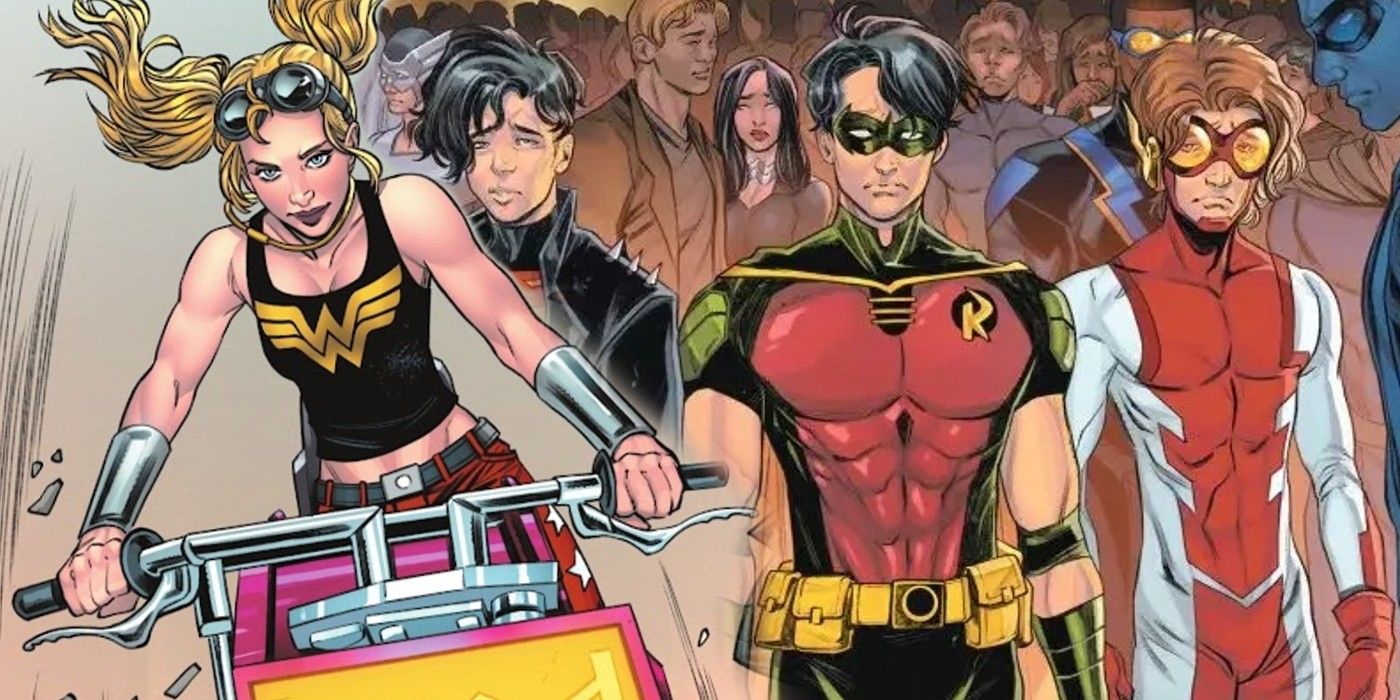 Dark Crisis Young Justice Feature image with Supercycle Robin Impulse Superboy Wonder Girl