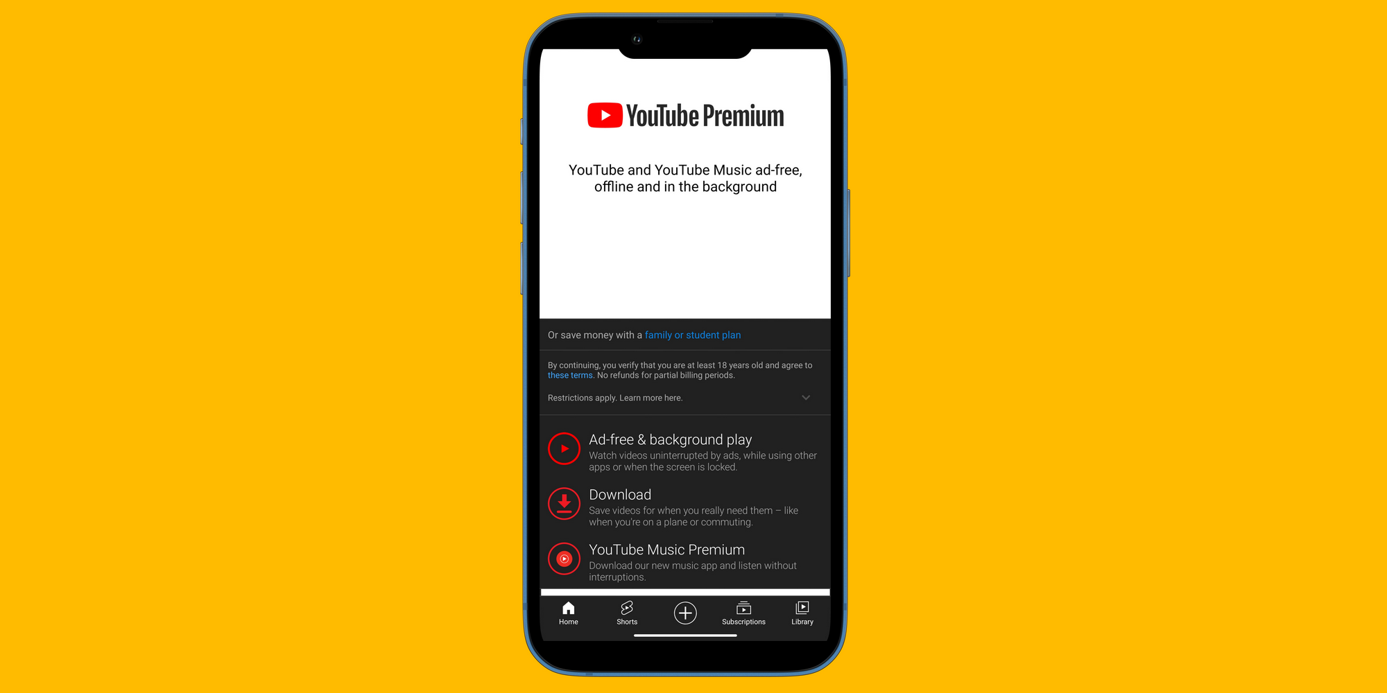  A screenshot of the YouTube Premium benefits page, which highlights features such as ad-free viewing, background play, and the ability to download videos.