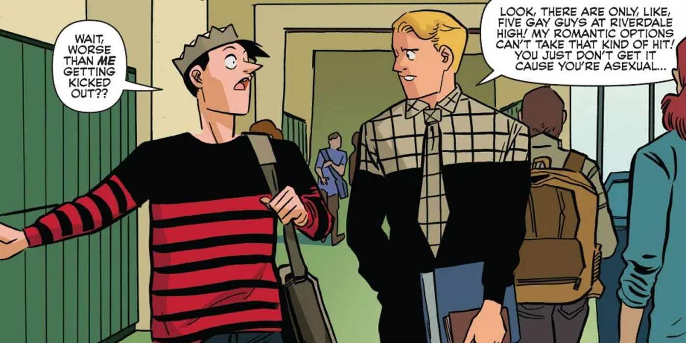 Comic panel of Jughead and Kevin Keller walking through school halls. Jughead says