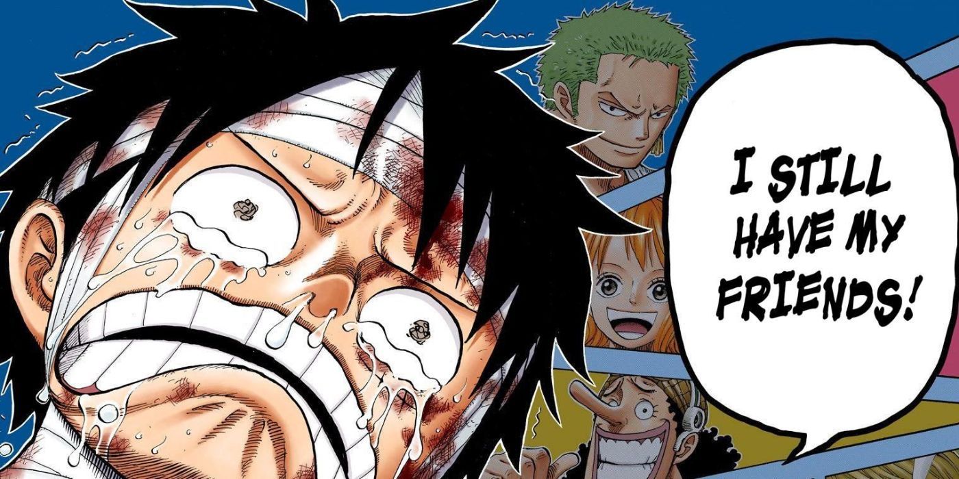 Luffy in tears from Ace's death but remembering he still had his friends.