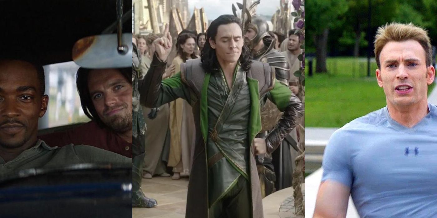Split image of Bucky Barnes and Sam Wilson, Loki on Asgard, and Steve Rogers outrunning Sam Wilson