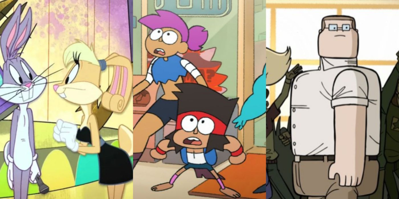 Split Image: Bugs Bunny and Lola Bunny in The Looney Tunes Show, Enid and K.O. in OK K.O.! Let's Be Heroes, Octus in Sym-Bionic Titan.