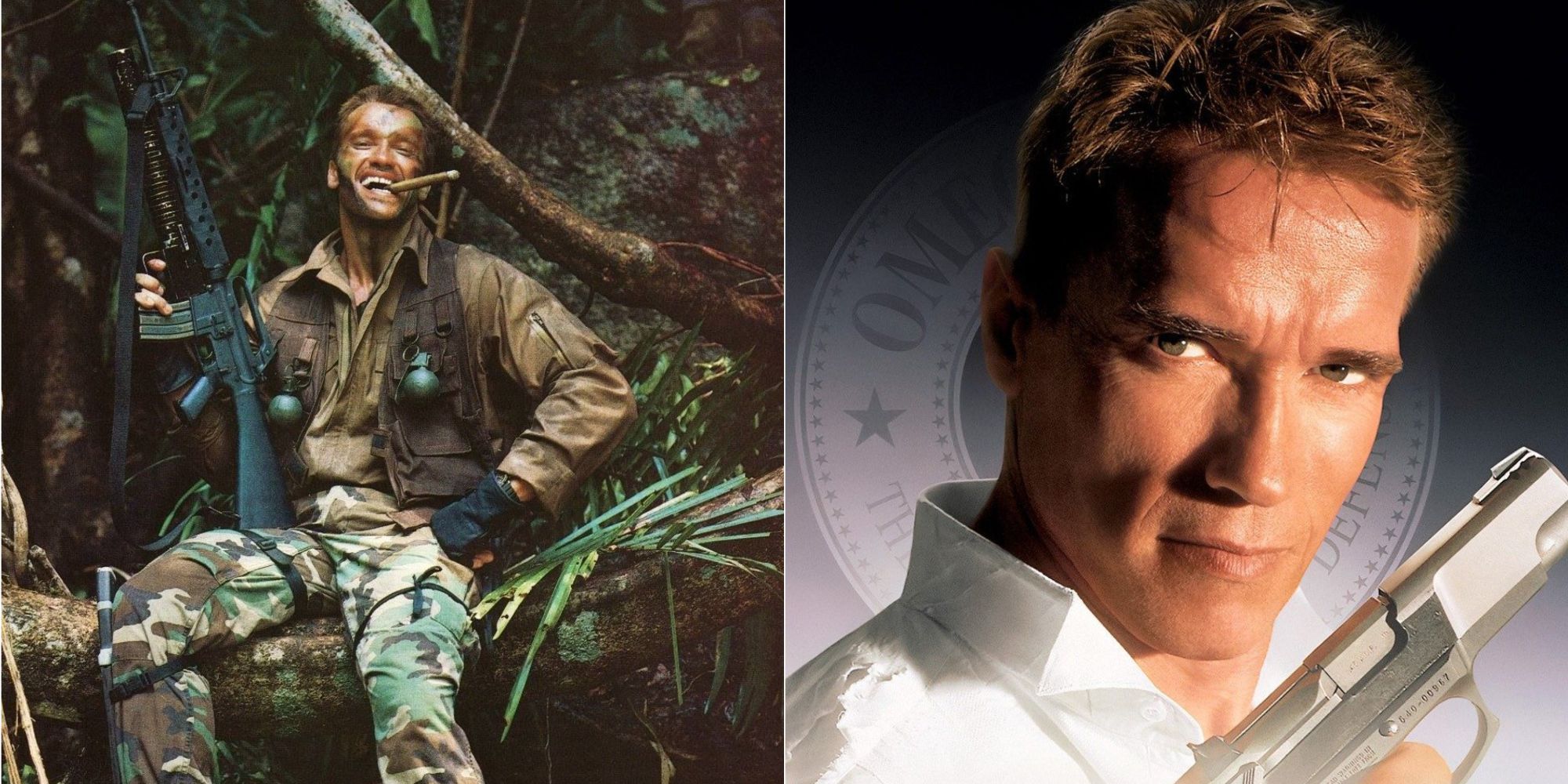 Arnold Schwarzenegger as Dutch in Predator and as Harry Tasker in True Lies.