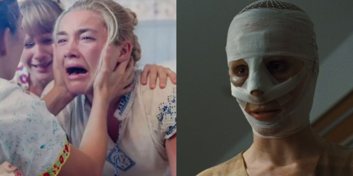 Split image of Florence Pugh crying in Midsommar and a woman with a bandaged face in Goodnight Mommy