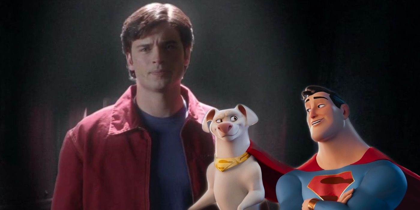 Clark Kent from Smallville is behind an image of Superman and Krypto from Super-Pets