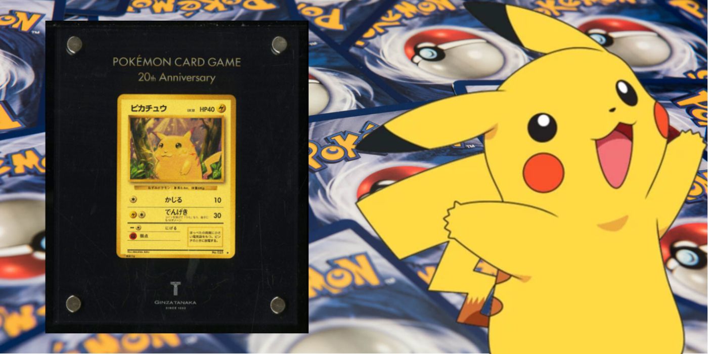 2016 20th anniversay 24k Gold GinzaTanaka JapanesePikachu card  alongside a background of pokemon cards and Pikachu himself