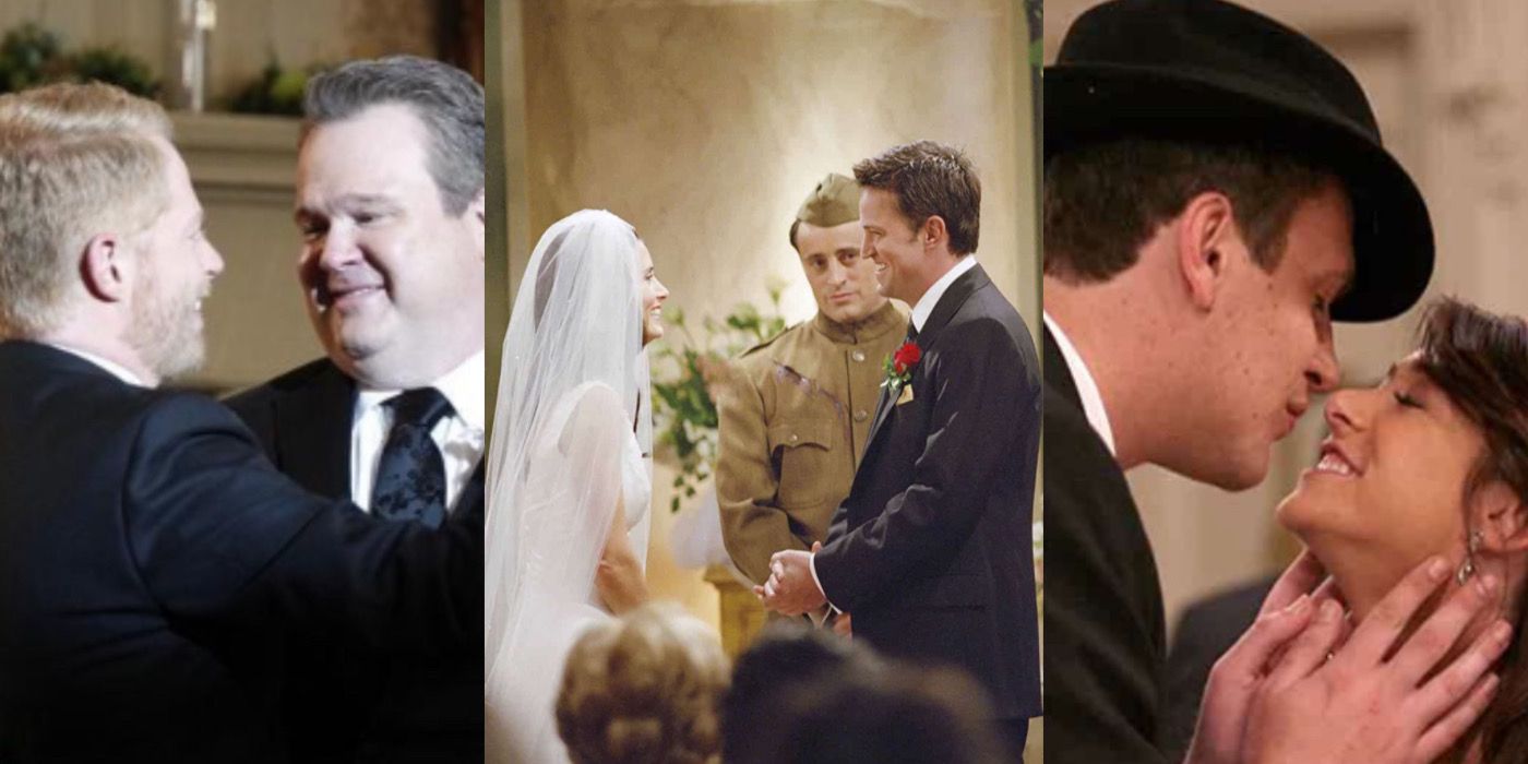 Mitch and Cam get married next to Monica and Chandler getting married, next to a photo of Marshall and Lily kissing