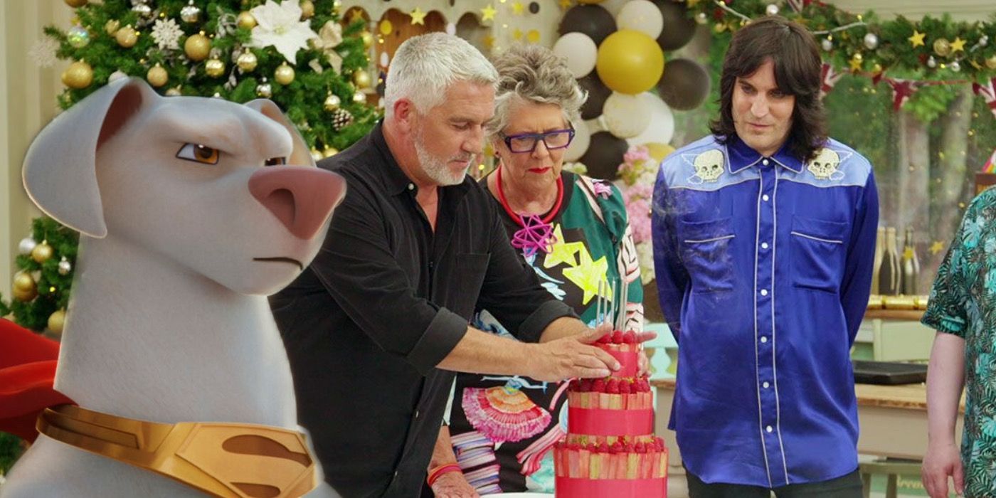 An image of Krypto sits in front of a picture of the British Bake-Off Judges judging a cake