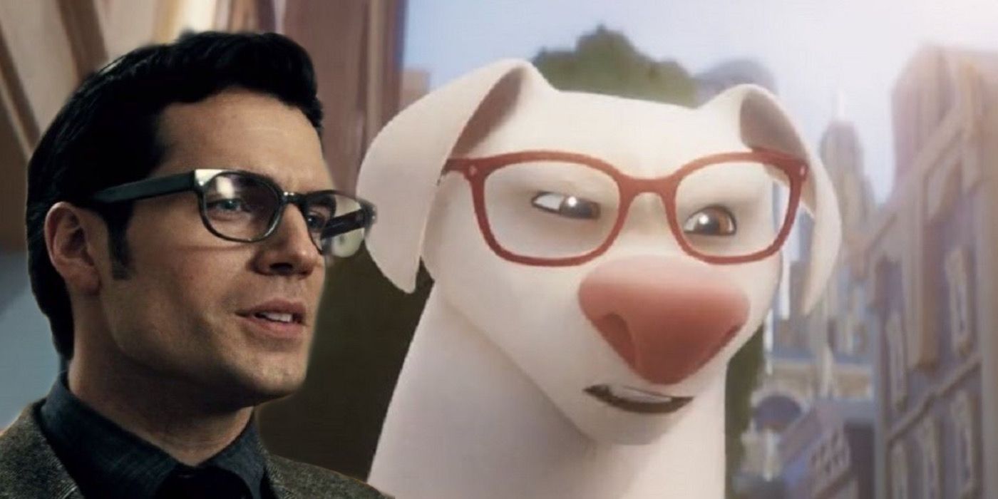 Clark Kent with glasses is next to Krypto in Super-Pets with glasses on