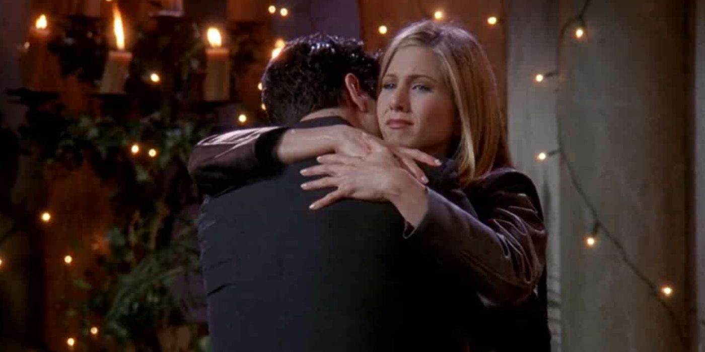 Rachel hugs Ross at his wedding with Emily in Friends