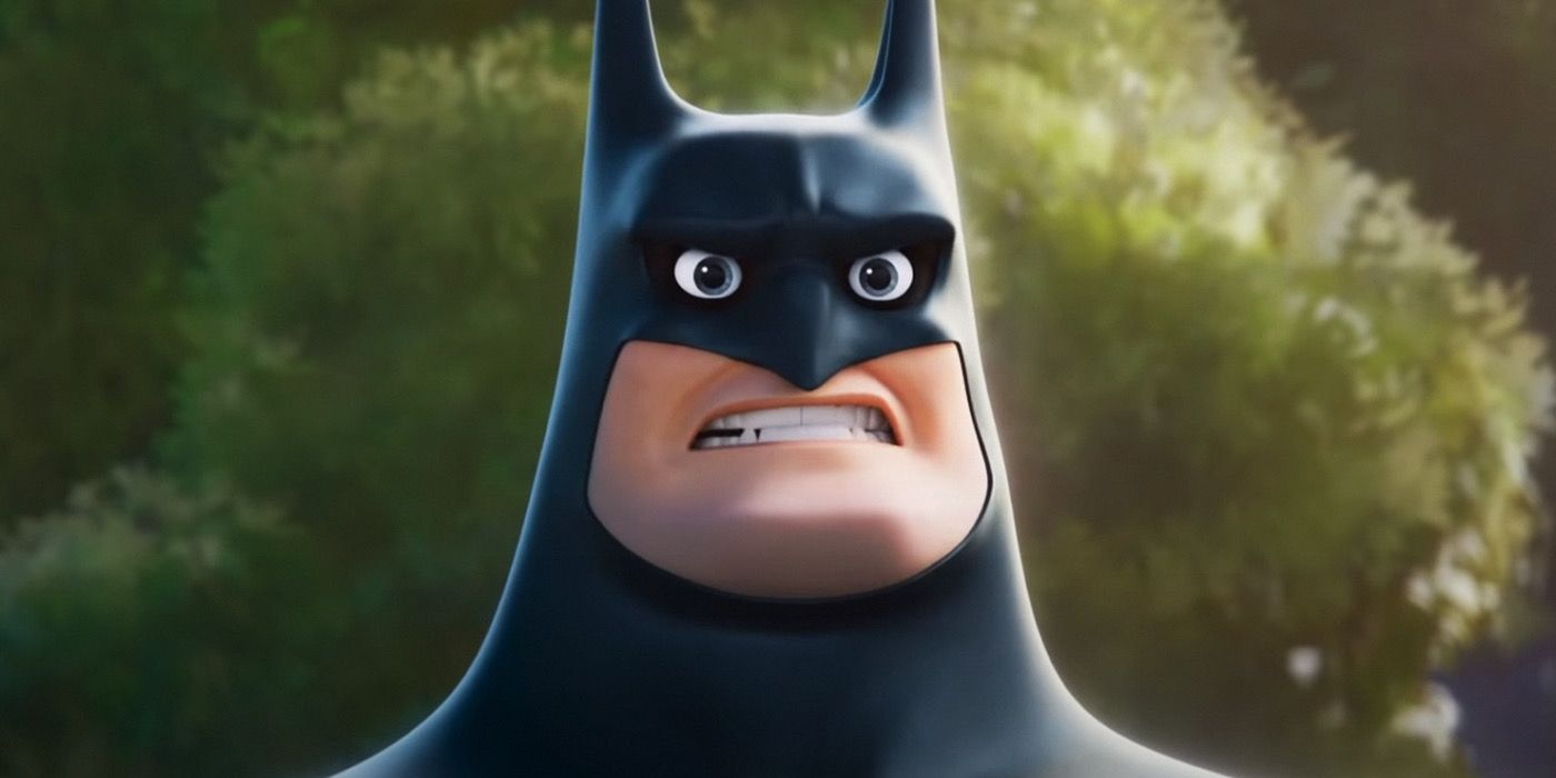 Batman from Super-Pets freaks out over a chew toy that looks like him