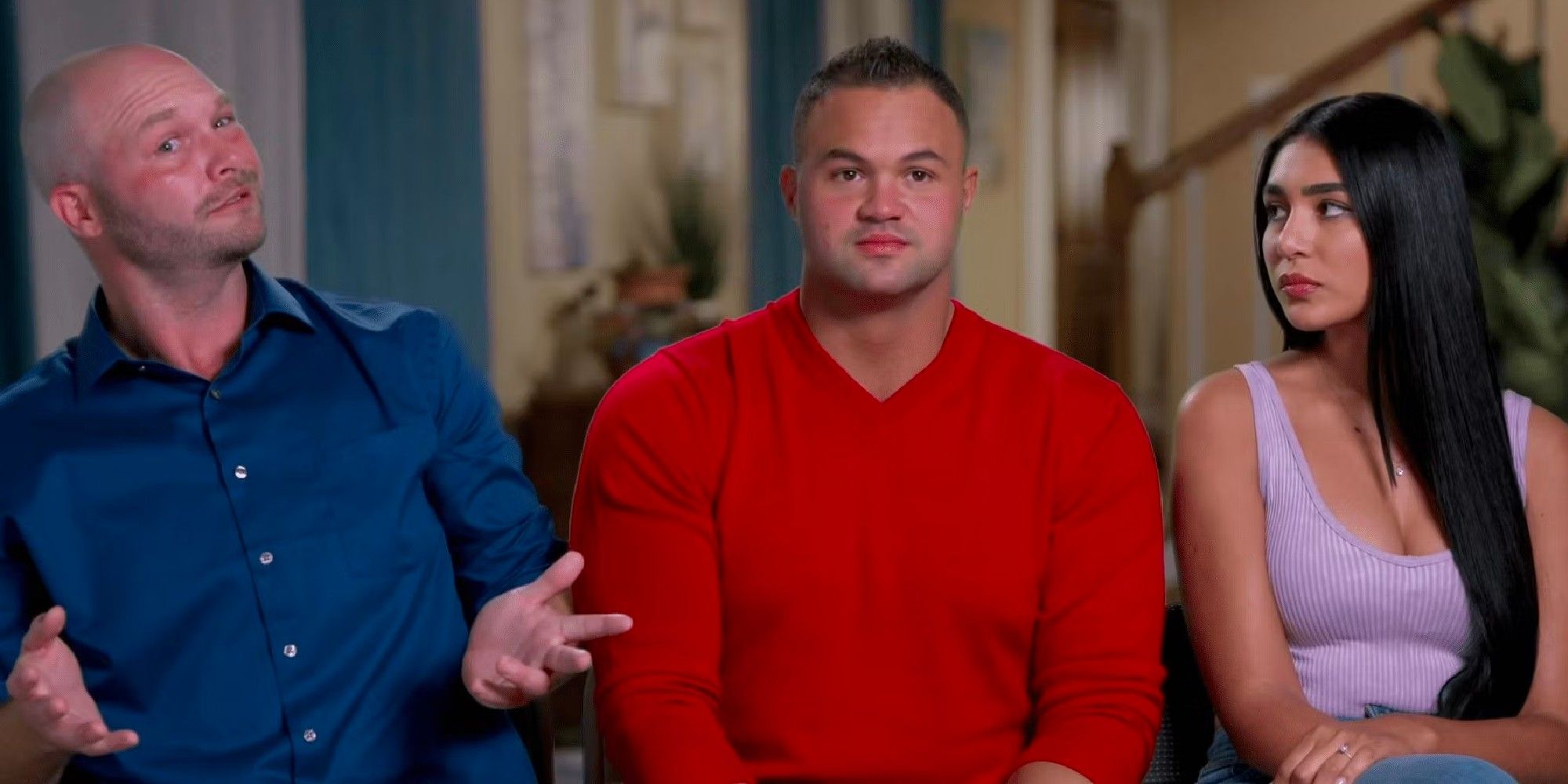 90 Day Fiancé stars John Mendes talking in blue shirt, Patrick Mendes in red sweater, and Thaís Ramone in purple top