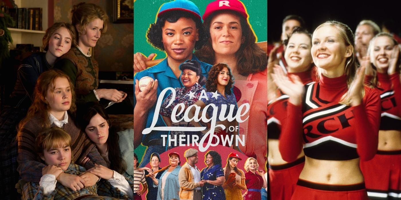 A League Of Their Own poster next to movie stills for Bring It On and Little Women.