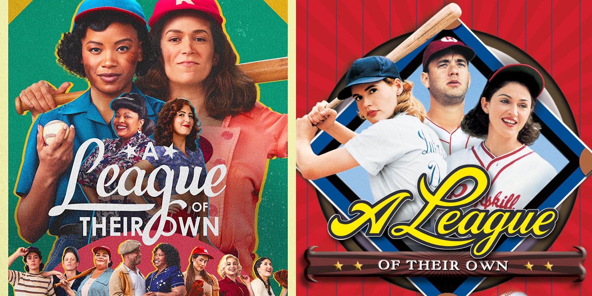 Split image showing posters for the A League of Their Own show and movie.