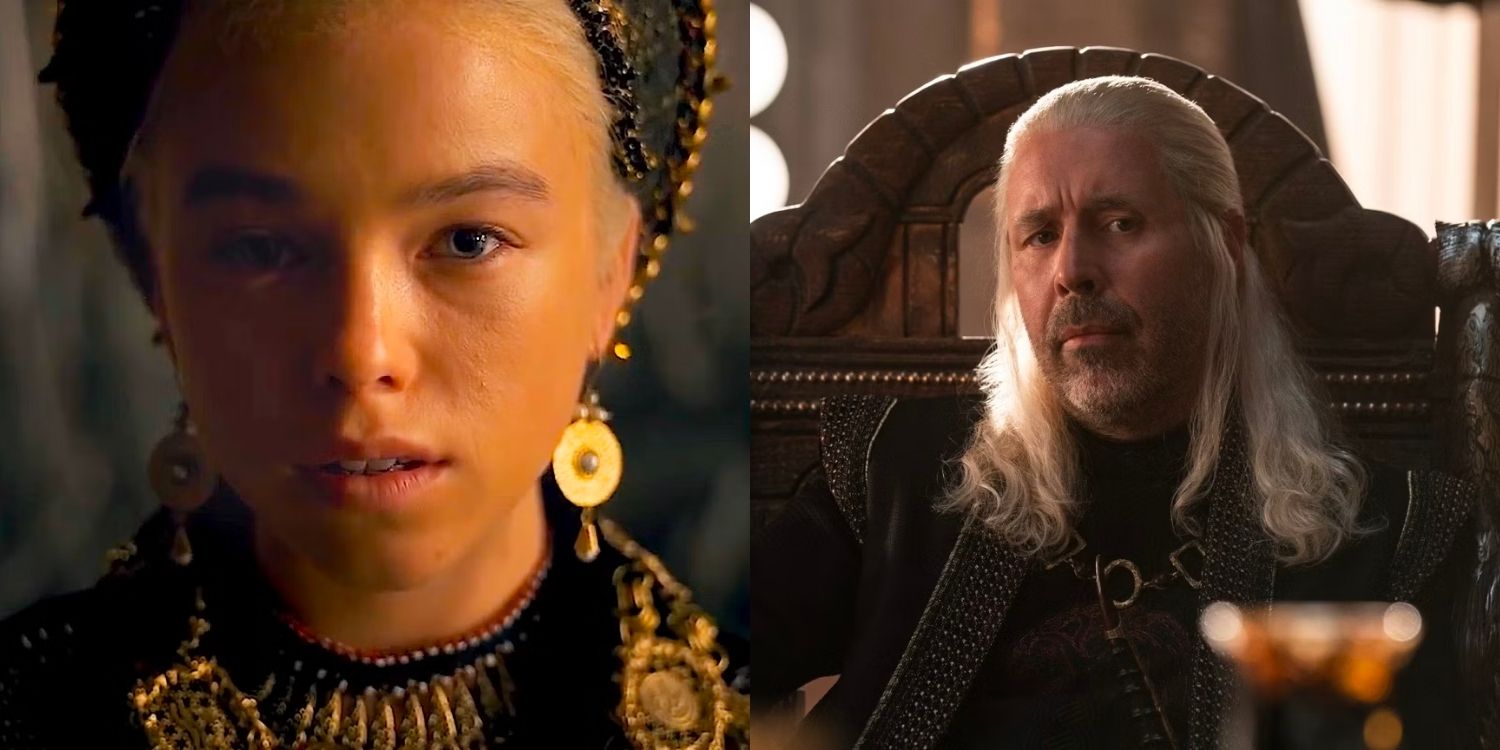 A closeup of a young Rhaenyra and Viserys looking serious at table in House of the Dragon.