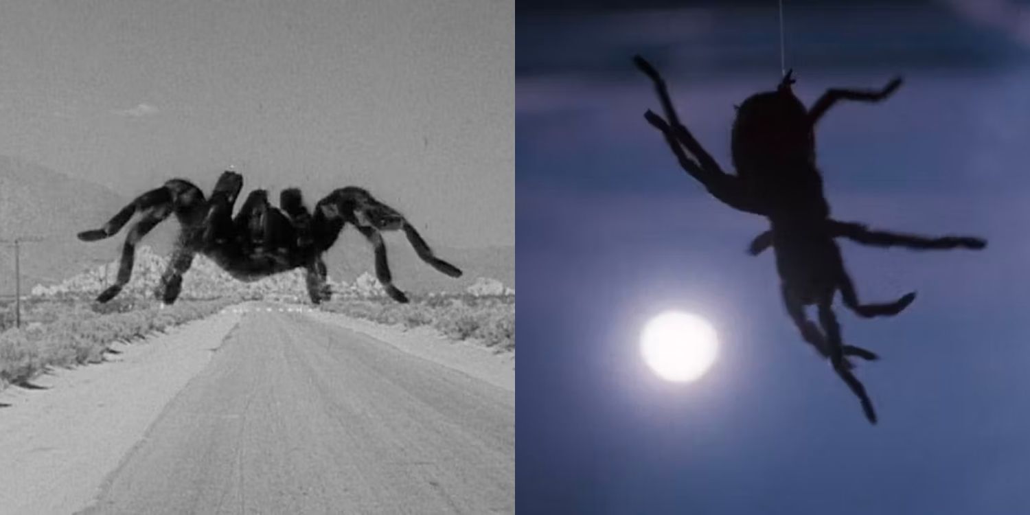A giant spider walking on the road and a giant spider silhouetted against the moon