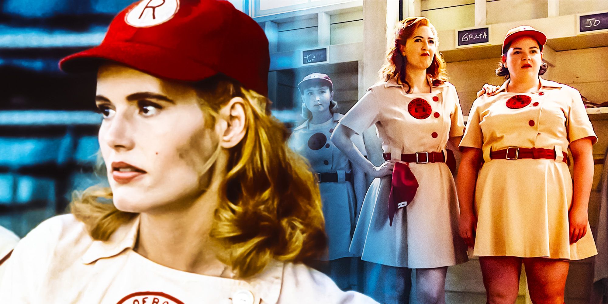 Blended image showing Geena Davis and characters from the A League of Their Own show.