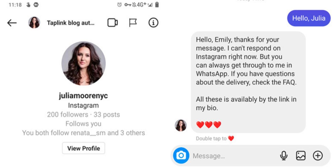 A screenshot of a side by side image of automatic replies on IG