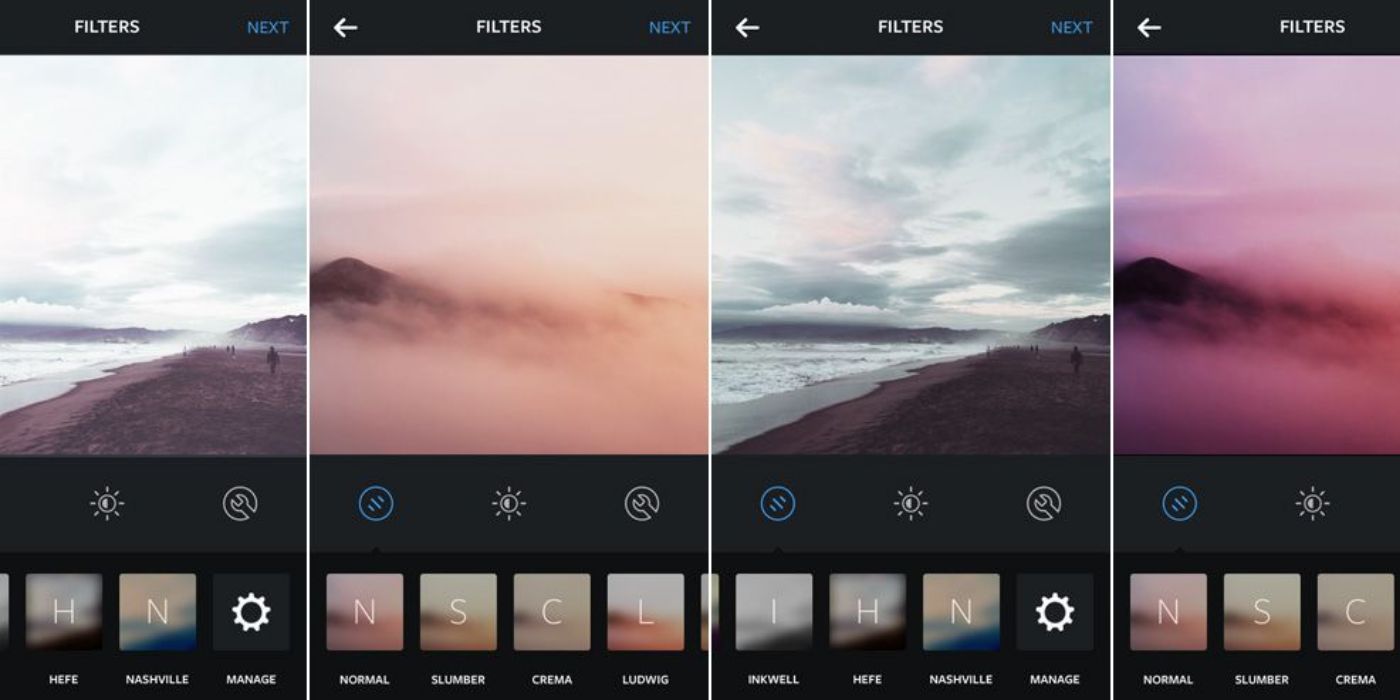 A screenshot of different filters on IG