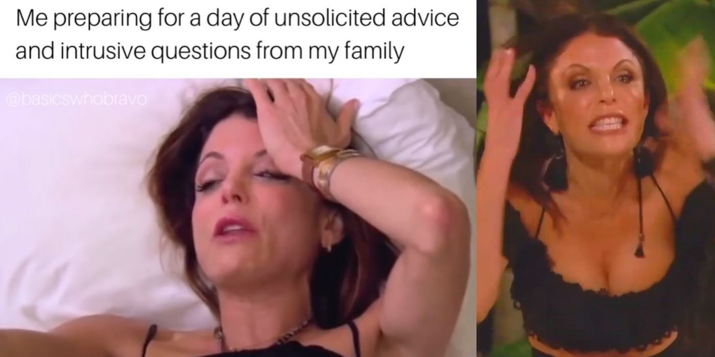 A split image of Bethenny Frankel arguing and a meme of her on RHONY