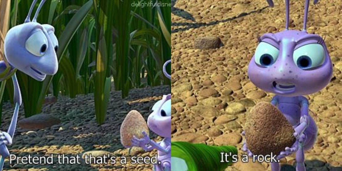 A split image of Flik and Dot talking about rocks on A Bug's Life