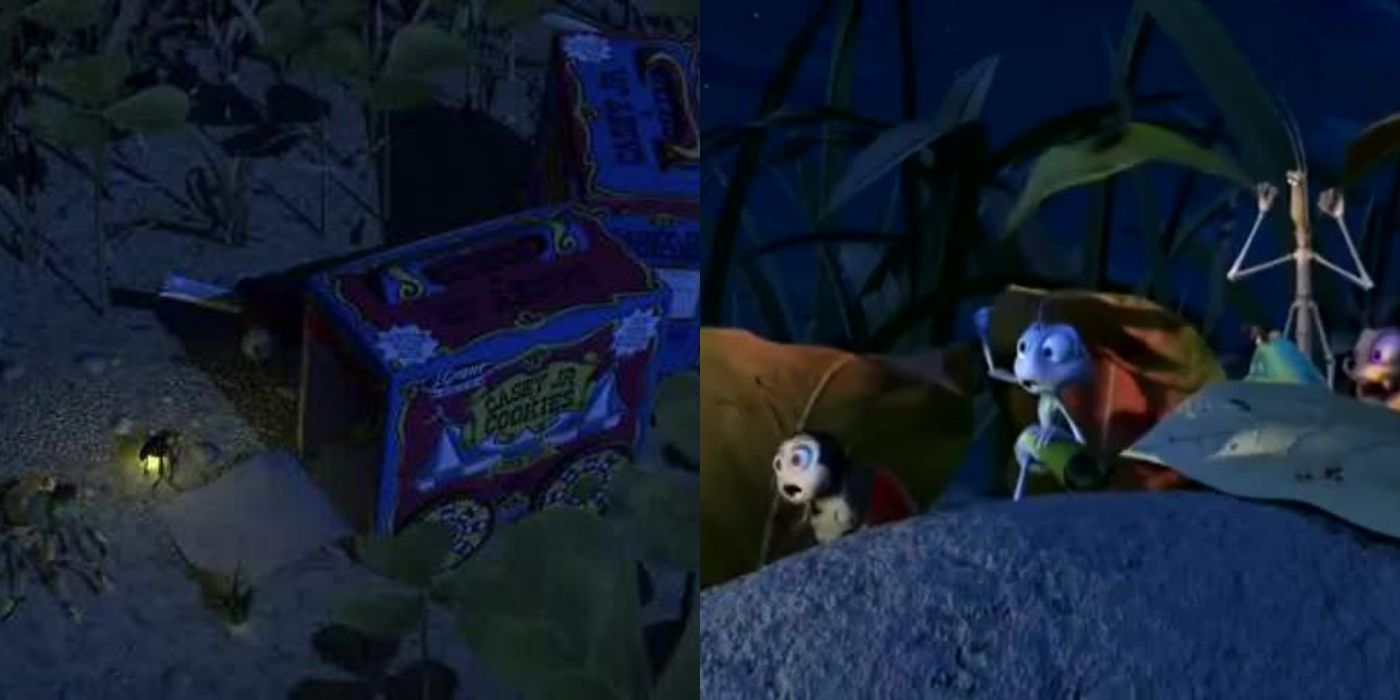 A split image of Francis yelling at a light bug on A Bug's Life